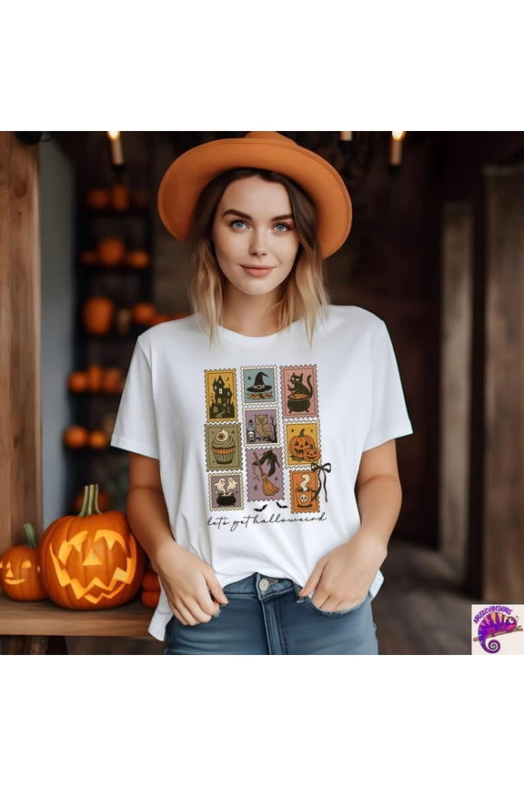 Let’S Get Halloweird T-Shirt, Stamps Graphic Tee, Fun Spooky Season Shirt, Nights T-Shirt, Her