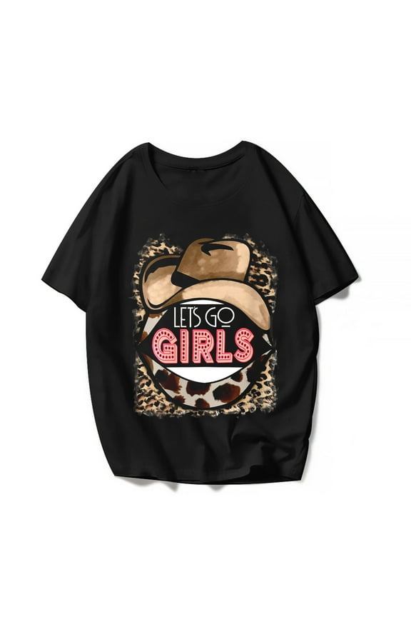 Let'S Go Girls Tops Cowgirl T-Shirt Leopard Print Cowboy Hat Graphics Women Casual Shirts Gift Tee Black 3X-Large