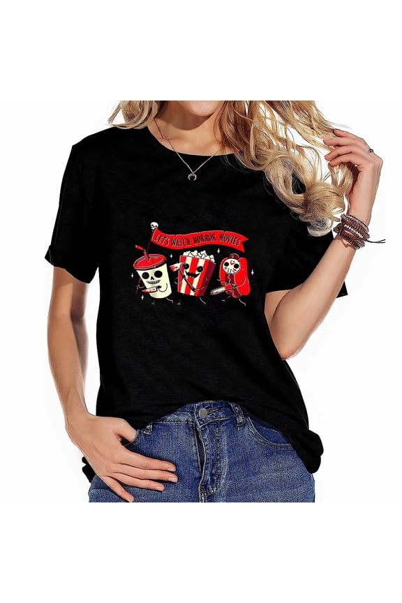 Let'S Watch Horror Movies Funny Halloween Costume Women's Short Sleeve Tee with Trendy Graphic Print, Comfortable for Summer
