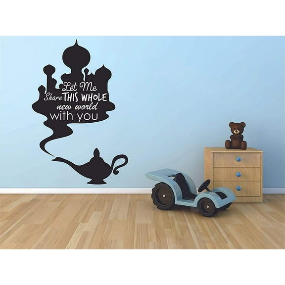 Let Me Share This Whole New World with You Aladdin Kids Wall Sticker Vinyl Wall Art Decal for Girl Boy Baby Kid Bedroom Nursery Daycare Home Decor Sticker Wall Art Vinyl Decoration Size (10x8 inch)