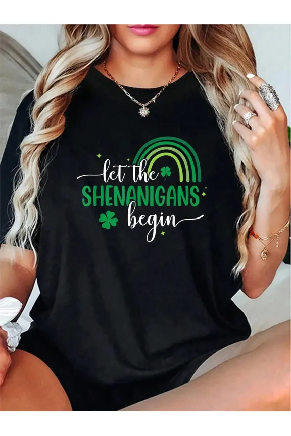 Let The Shenanigans Begin St Patricks Day Lucky Shamrock T-Shirt - Graphic Tees Festival Outfits For Women, Tops For Summer, Top De Mujer Women Summer Clothes