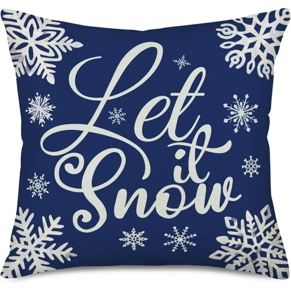 Let It Snow Blue Throw Pillow Covers Christmas Xmas Snowflake Outdoor Decor Cotton Linen Pillow Cases Cushion Cover Square Winter Pillow Sham for Sofa Couch 18x18 Inch(Let it Snow)
