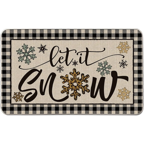 Let It Snow Decorative Doormat 17" x 29" Seasonal Winter Christmas Decor Durable Floor Mat Non-Slip Low-Profile Buffalo Plaids Funny Snowflakes Welcome mat for Indoor Outdoor Balcony Patio