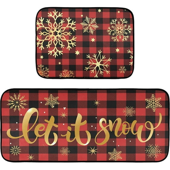 Let it Snow Red Buffalo Kitchen Rug and Mat Set of 2 Anti Fatigue Non Slip Washable Tartan Plaid Golden Snowflakes Runner Rugs Floor Mats for Christmas Xmas Holiday Kitchen Laundry Room Home Decor