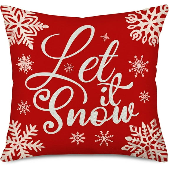 Let It Snow Red Throw Pillow Covers Christmas Xmas Snowflake Outdoor Decor Cotton Linen Pillow Cases Cushion Cover Square Winter Pillow Sham for Sofa Couch 18x18 Inch(Let it Snow)