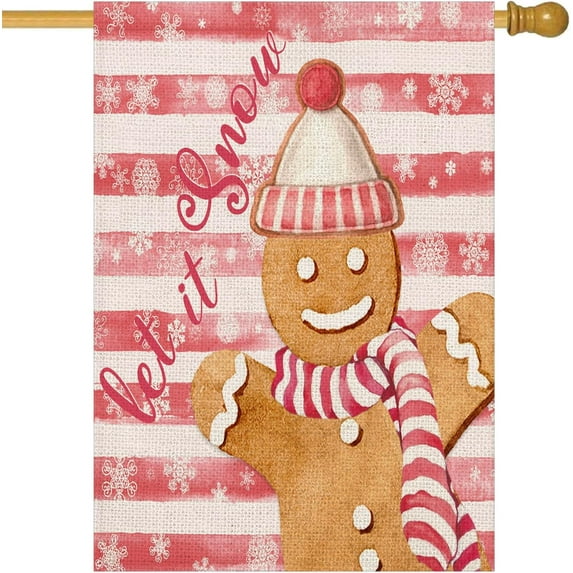 Let It Snow Snowflake Gingerbread Man Christmas House Flag Pink Striped Winter Farmhouse Outdoor Flags 28 x 40 Inch Double Sided Outside Yard Garden Decoration