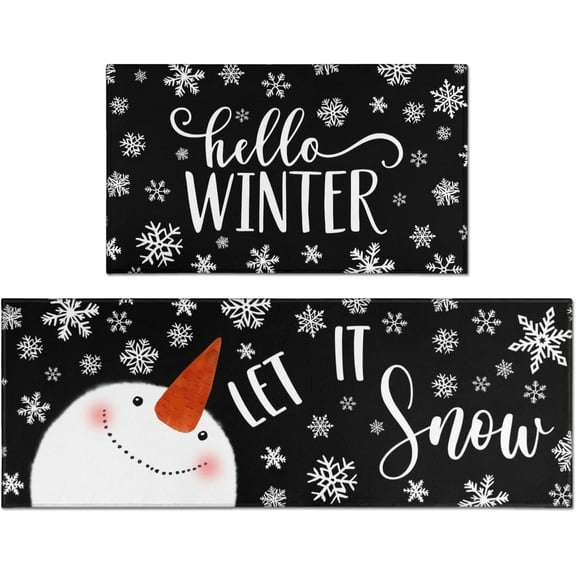 Let It Snow Snowman Snowflake Winter Christmas Decorative Kitchen Mats Set of 2, Home Party Low-Profile Kitchen Rugs,Black Christmas Kitchen Mats for Floor 17x30+17x47 Inch