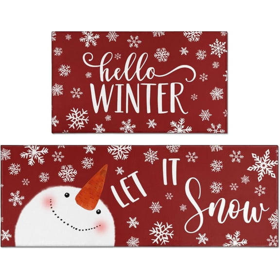 Let It Snow Snowman Snowflake Winter Christmas Decorative Kitchen Mats Set of 2, Home Party Low-Profile Kitchen Rugs,Red Christmas Kitchen Mats for Floor 17x30+17x47 Inch