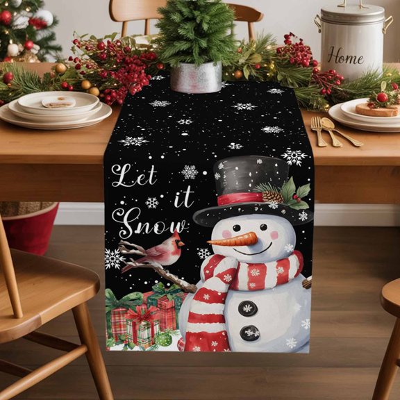 Let Snow Words on Black Table Runner 13x60in Non-Slip Cotton Linen Table Runners, Christmas Snowman Bird Dresser Scarves TableRunner for Dinner Kitchen Dining Wedding Party