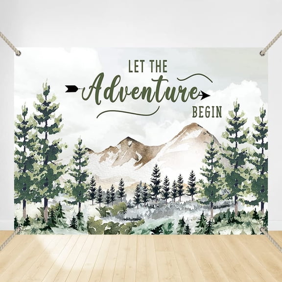 Let The Adventure Begin Backdrop for Baby Shower Woodland Adventure Awaits Background Lumberjack Newborn Photo Booth Copper Grommets Banner