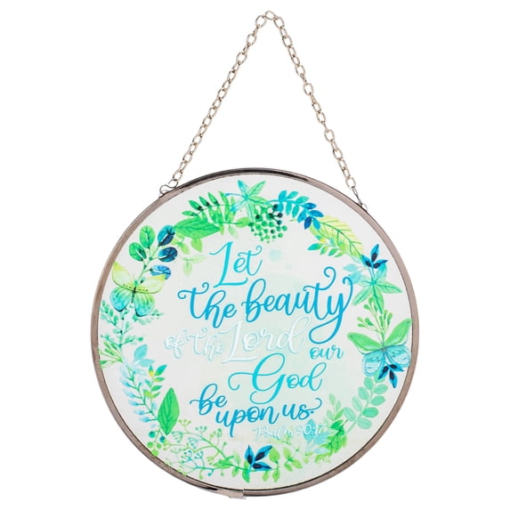 Let The Beauty Scripture Floral Green 6 x 6 Glass Sun Catcher With Suction Cup