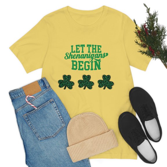 Let The Shenanigans Begin Leopard Shamrock Unisex Jersey Short Sleeve Tee