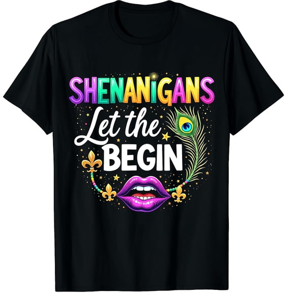 Let The Shenanigans Begin Mardi Gras Lips New Orleans Graphic Crew Neck Short Sleeve T-Shirts (Men's, Women's)