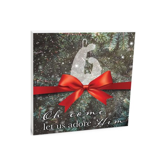 Let Us Adore Him Pine Sparkle Bow 10 x 10 Wood Tabletop Sign Plaque