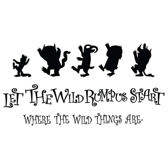 Let The Wild Rumpus Start with a Bunch of Characters from the Movie Where The Wild Things Are Black and White Art with Quotation for Living Room Vinyl Wall Decal - Max and Friends Artwork Creative Des