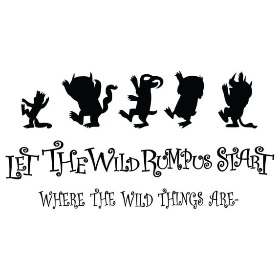 Let The Wild Rumpus Start with a Bunch of Characters from the Movie Where The Wild Things Are Black and White Art with Quotation for Living Room Vinyl Wall Decal - Max and Friends Artwork Creative Des