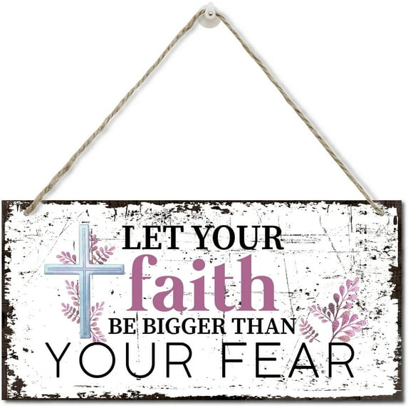 Let Your Faith Be Bigger Than Your Fear Wood Plaque Sign, Hanging Wood Sign Home Decor, Faith Religious Belief Home Ornament Living Room Gift, Christian Family Decor Saying Sign 10x5 Inch