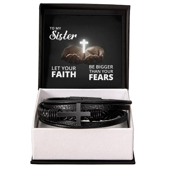 Let Your Faith Be Bigger Than Your Fears Isaiah 41:10 Men's Stainless Steel & Vegan Leather Cross Bracelet - Vegan Leather with Stainless Steel