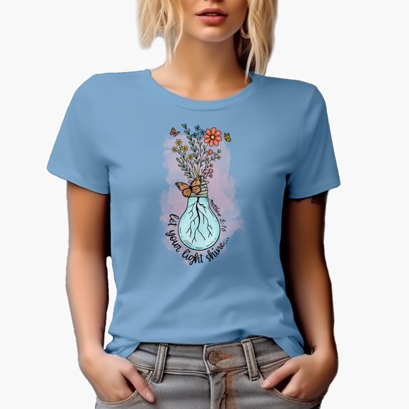 Let Your Light Shine, Matthew 5 16 with Watercolor Bulb & Flowers Art Merch Gift, Baby Blue T-Shirt, Small