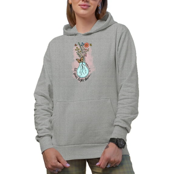 Let Your Light Shine, Matthew 5 16 with Watercolor Bulb & Flowers Art Merch Gift, Heather Grey Hooded Sweatshirt or Hoodie, 3XL