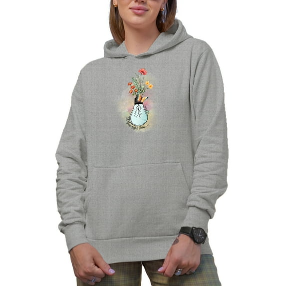 Let Your Light Shine... Matthew 5:16 with Watercolor Bulb & Flowers Art Merch Gift, Heather Grey Hooded Sweatshirt or Hoodie, Small