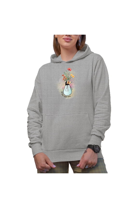 Let Your Light Shine... Matthew 5:16 with Watercolor Bulb & Flowers Art Merch Gift, Heather Grey Hooded Sweatshirt or Hoodie, XL