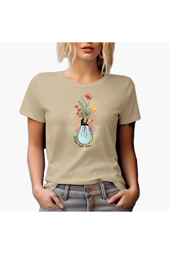 Let Your Light Shine... Matthew 5:16 with Watercolor Bulb & Flowers Art Merch Gift, Tan T-Shirt, Small