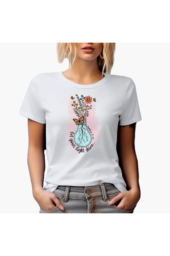Let Your Light Shine, Matthew 5 16 with Watercolor Bulb & Flowers Art Merch Gift, White T-Shirt, Large