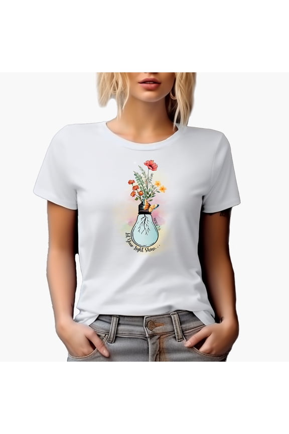 Let Your Light Shine... Matthew 5:16 with Watercolor Bulb & Flowers Art Merch Gift, White T-Shirt, Small