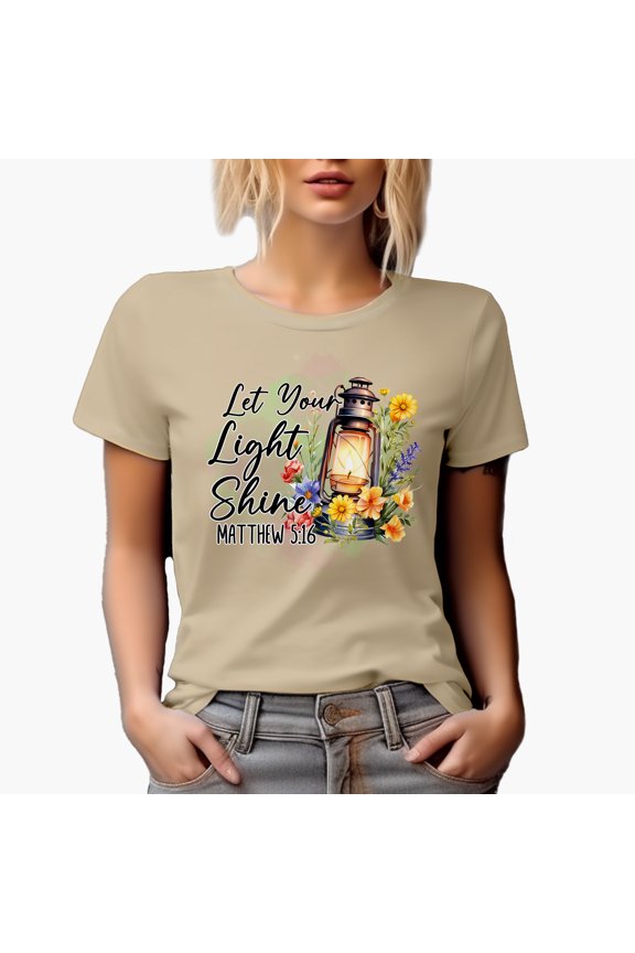 Let Your Light Shine Matthew 5 16 with a Vintage Lamp & Flowers, Scripture Art Merch Gift, Tan T-Shirt, Medium