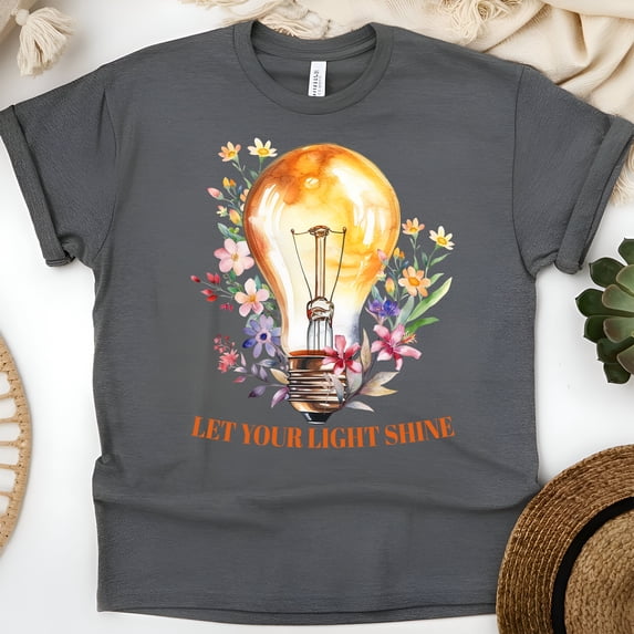Let Your Light Shine T-Shirt, Inspirational Bible Verse Graphic Tee for Women, Dark Heather, Size L