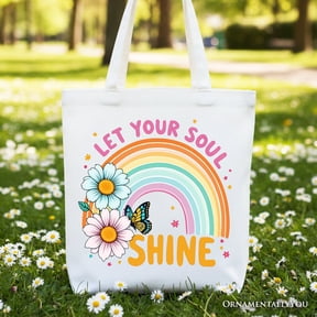 Let Your Soul Shine Rainbow Tote Bag, Retro Pastel Floral Feel Good Gift Shopper