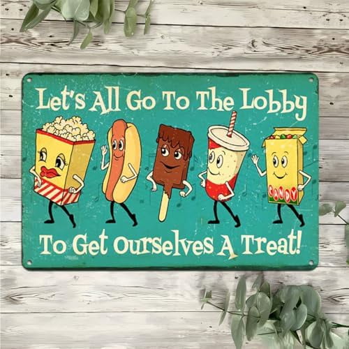 Let's All Go To The Lobby Retro Sign, Concession Stand Wall Decor for Candy Shop & Arcade 8 x 12 Inches (031)
