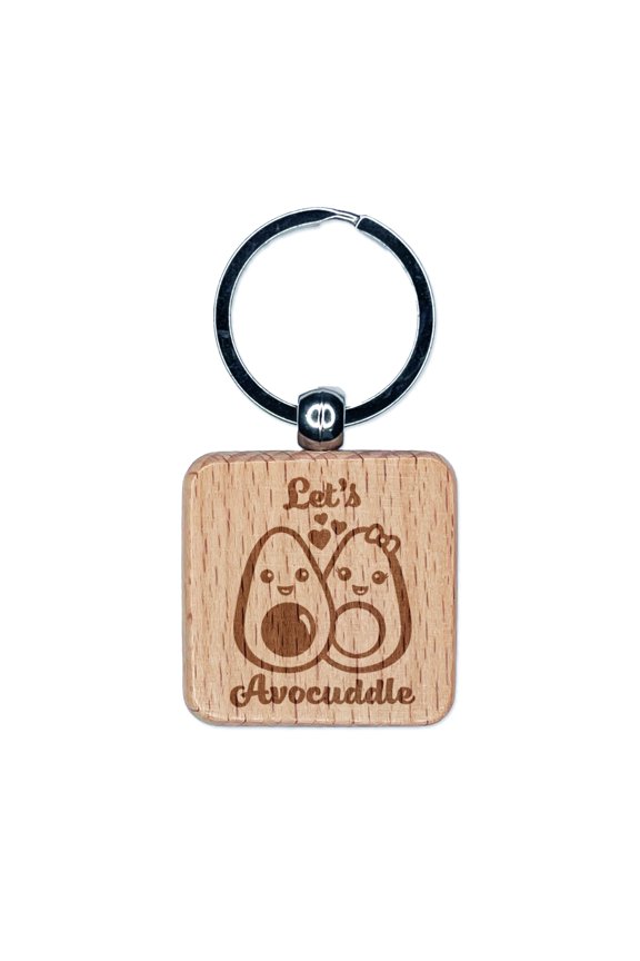 Let's Avocuddle Cuddling Avocados Love Square Keychain Charm Tag - Engraved Wood