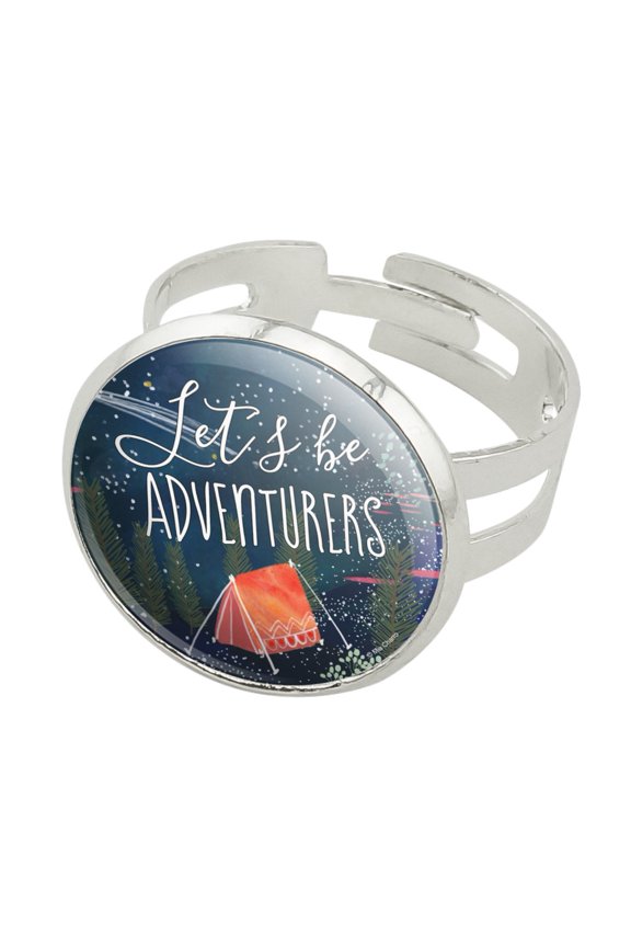 Lets Be Adventurers Tent Camping Night Moon Shooting Stars Silver Plated Adjustable Novelty Ring