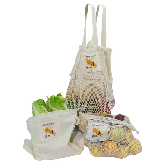 “Let’s Bee Organic” Simple Ecology Organic Cotton Reusable Honey Bee Gift & Starter Set (string produce saver bags, food storage, bulk bin, with tare weight tag and drawstring, waste free)