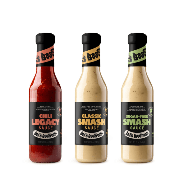 Let's BeeFrank - TRIO - 3PK - Classic Smash Sauce - Chili Legacy Sauce - Sugar Free Sauce - 12oz ea.