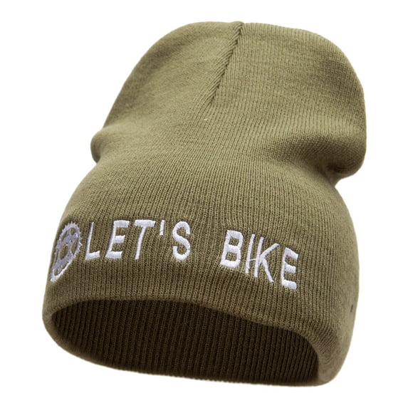 Let's Bike Embroidered Acrylic Short Beanie - Olive OSFM