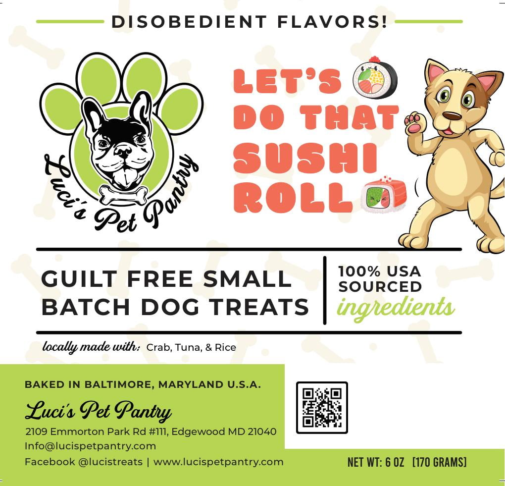 Let's Do That Sushi Roll "Crab, Tuna, & Rice Biscuits" Homemade Dog & Puppy Treats! Gift Box with 4 - 6 oz. Treat Bags