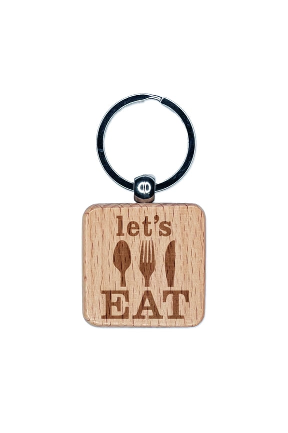 Let's Eat Knife Fork Spoon Square Keychain Charm Tag - Engraved Wood