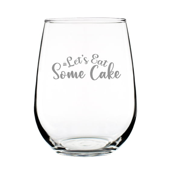 Let's Eat Some Cake Stemless Wine Glass, 17oz Hand Engraved Etched Unique Glass Gift, Kitchen Decor