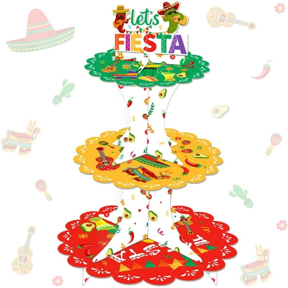 Let's Fiesta Cake Stand Mexican Themed Party Table Decorations, Red Yellow Green 3-Tier Lets Fiesta Cupcake Stand Mexican Birthday Baby Shower Decorations Cinco de Mayo Fiesta Party Supplies