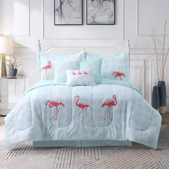 Let's Flamingo Embroidered Mint 7-Piece Comforter Set Full