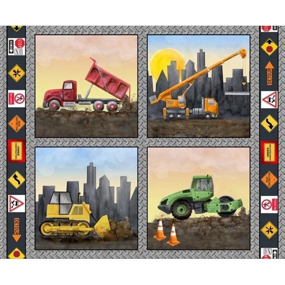 Let's Get Building Construction Equipment Pillow 36" Panel Cotton Fabric (Panel)