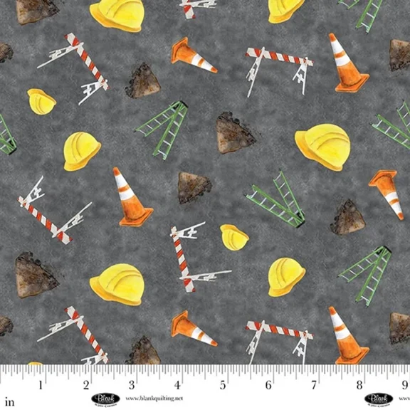 Let's Get Building Construction Hat, Traffic Cones, Ladders Cotton Fabric (1 Yard)