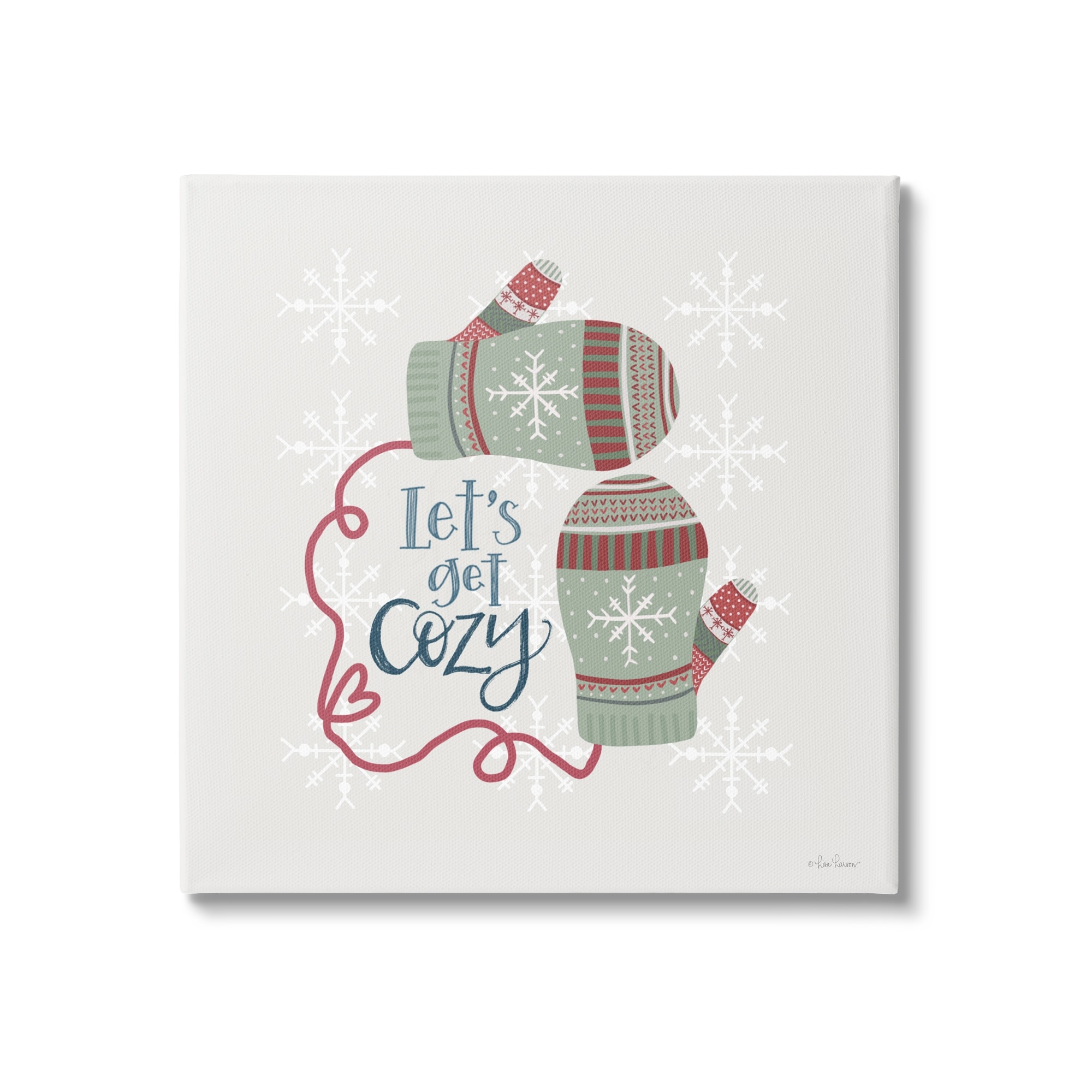 Let's Get Cozy Winter Mittens Snowflake Pattern Inspirational Graphic Art Gallery-Wrapped Canvas Print Wall Art