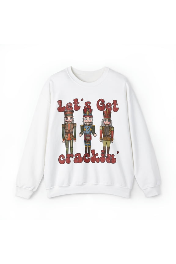 Let's Get Crackin Nutcracker Funny Christmas Sweatshirt Ugly Christmas Sweater White XL