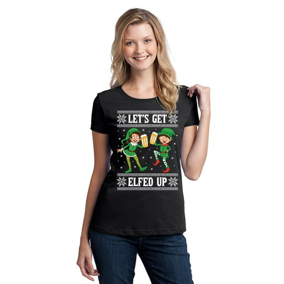 Let's Get Elfed Up Christmas Women's T-shirt, 2XL, Black