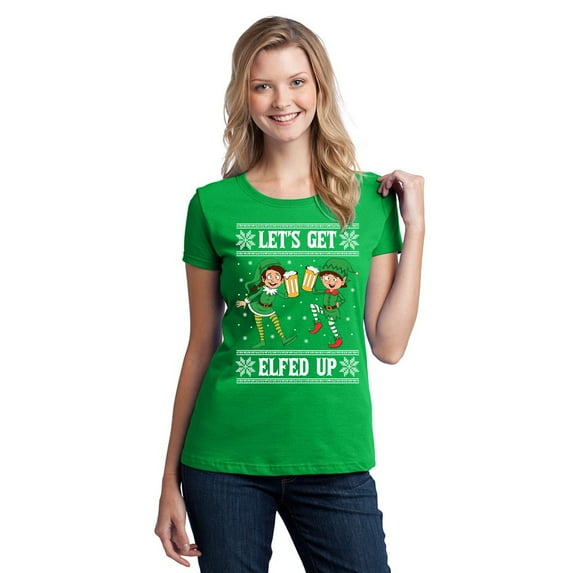 Let's Get Elfed Up Christmas Women's T-shirt, L, Green