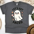 thumbnail image 1 of Let’s Get Faced Graphic Tee Funny Ghost Wine Cartoon Shirt, Dark Heather, Size S, 1 of 6
